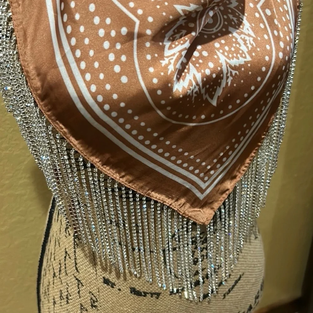 Western, satin, rhinestone fringe scarf, camel color, NWT | offer in description - Picture 2 of 3